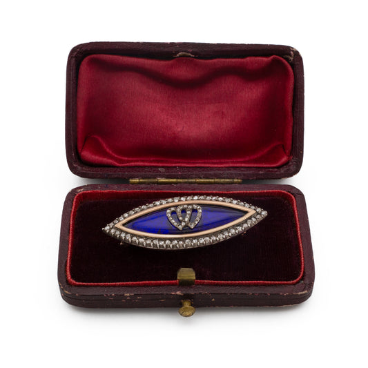 Late Georgian Blue Enamel & Diamond Navette Brooch in Gold and Silver
