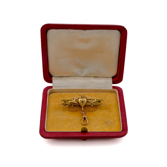 c.1900 9ct Yellow Gold Heart Bar Brooch with Dog Clip