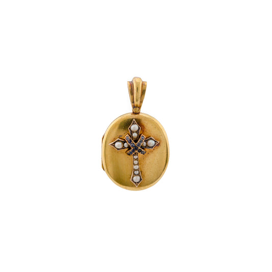 Victorian 15ct Gold Locket with Pearl & Sapphire Cross