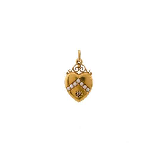 c.1910 15ct Gold Diamond & Pearl Puff Heart Locket