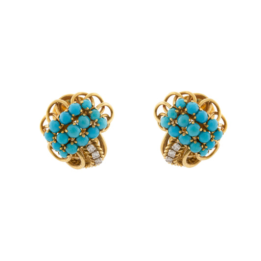 Vintage Turquoise & Diamond 18ct Yellow Gold Clip Earrings