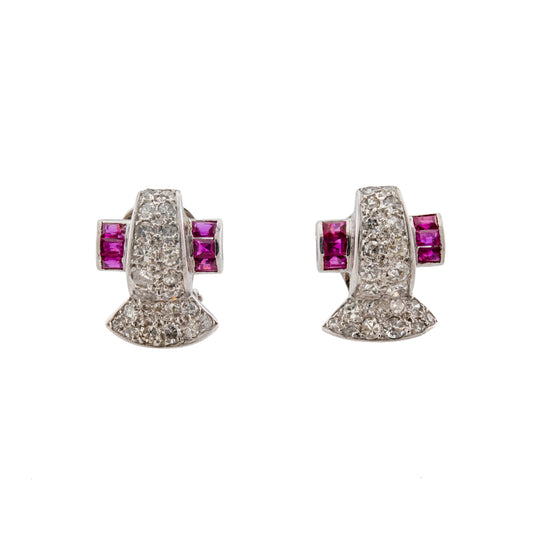 Art Deco Ruby & Diamond Platinum Clip Earrings