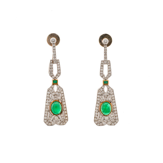 Art Deco Style 18ct Gold Emerald & Diamond Drop Earrings
