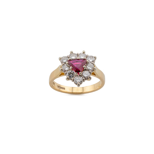 18ct Gold Triangular Ruby and Diamond Cluster Ring