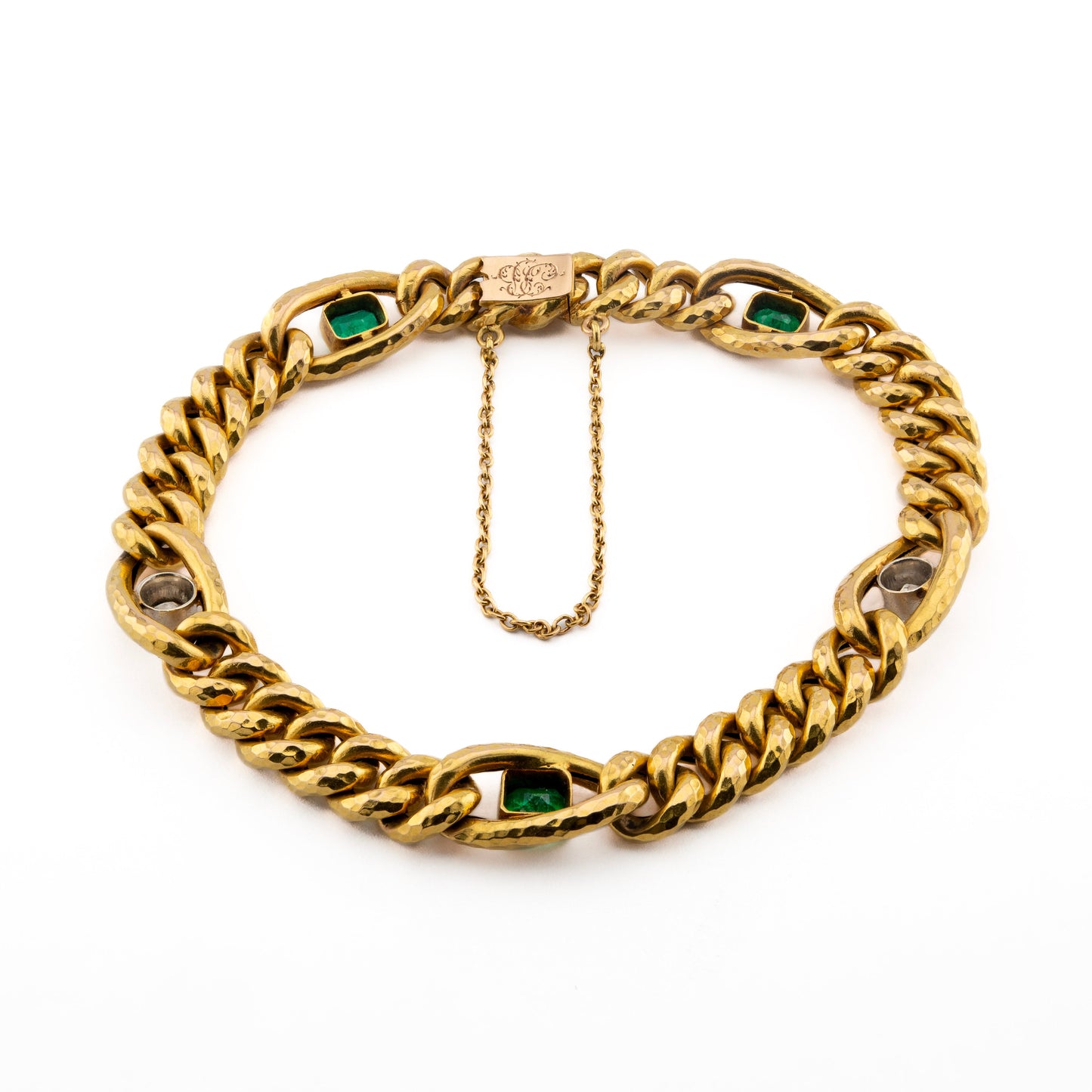 18ct French Curb Linked Diamond and Emerald Bracelet