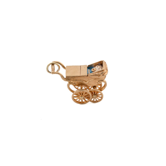 Vintage 9ct Gold & Enamel Baby Pram Charm