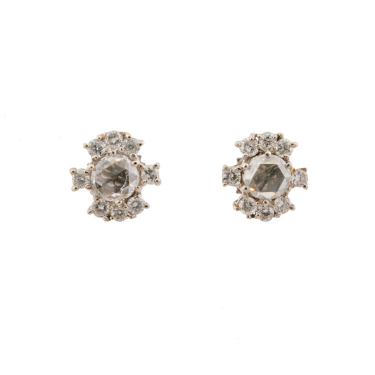 Vintage 14ct White Gold Rose Cut Diamond Cluster Stud Earrings