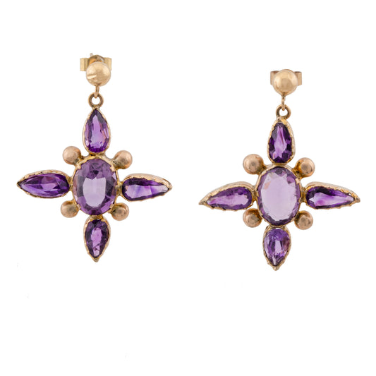 Vintage 10ct Yellow Gold Amethyst Star Drop Earrings