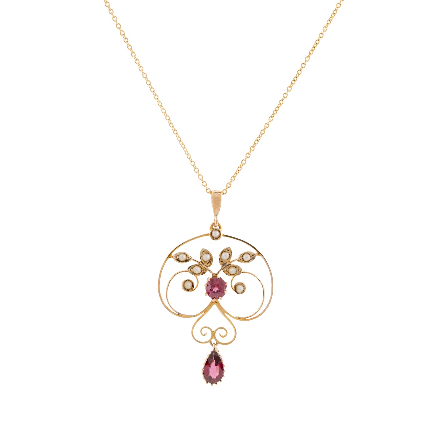 Garnet and Seed Pearl Foliate Necklace in 9ct Gold