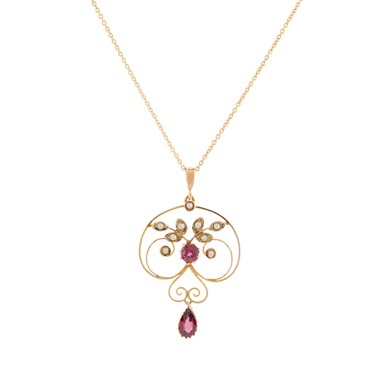 Garnet and Seed Pearl Foliate Necklace in 9ct Gold