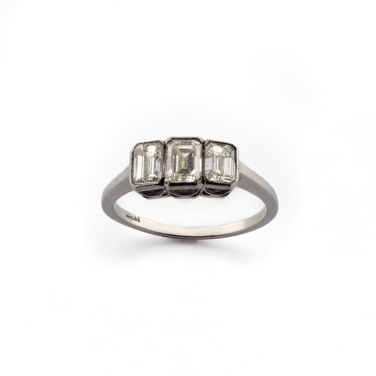 Art Deco 18ct White Gold Emerald-Cut Diamond Three Stone Ring