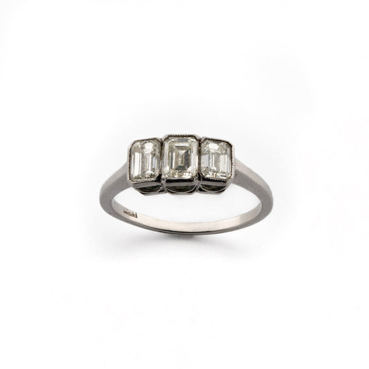 Art Deco 18ct White Gold Emerald-Cut Diamond Three Stone Ring