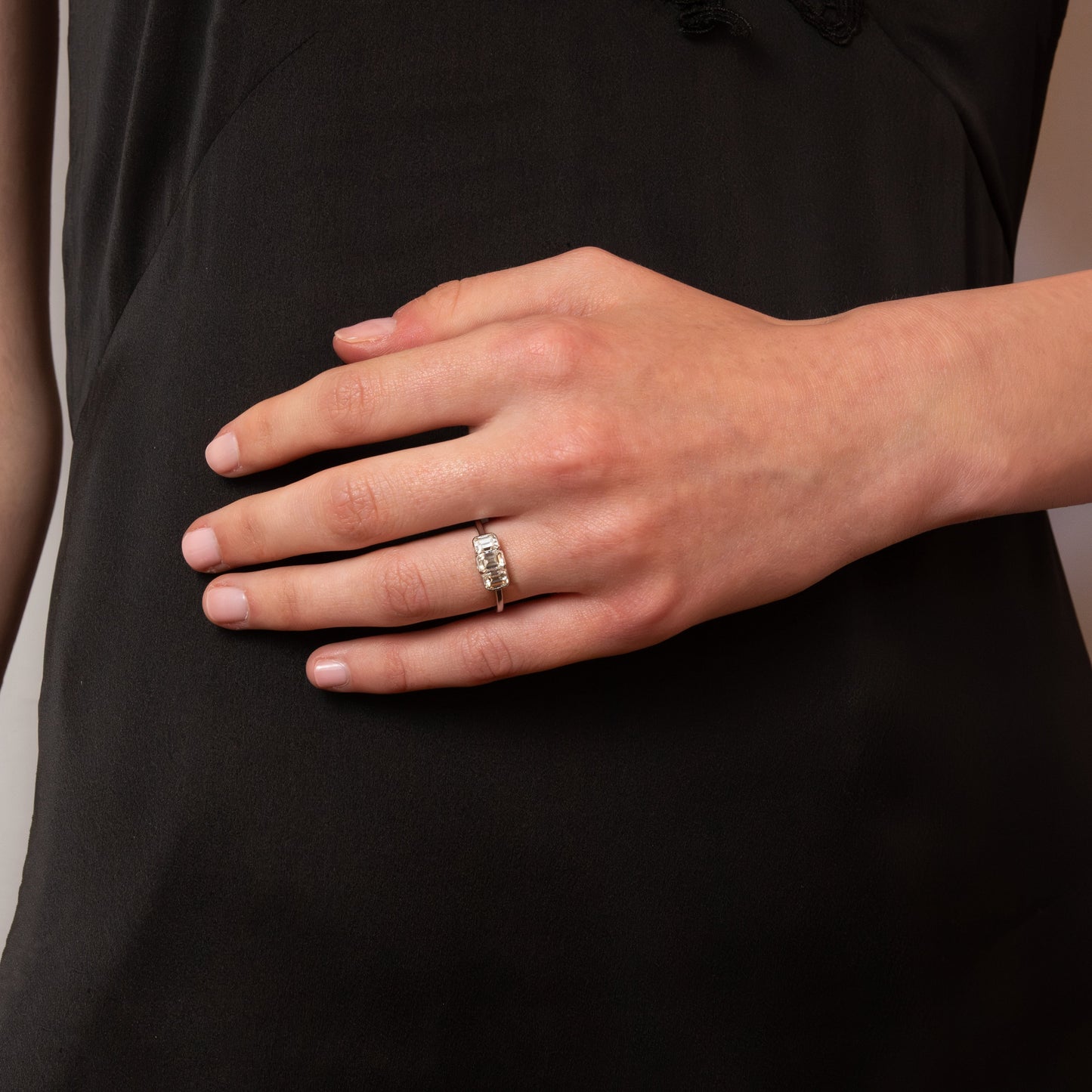 Art Deco 18ct White Gold Emerald-Cut Diamond Three Stone Ring