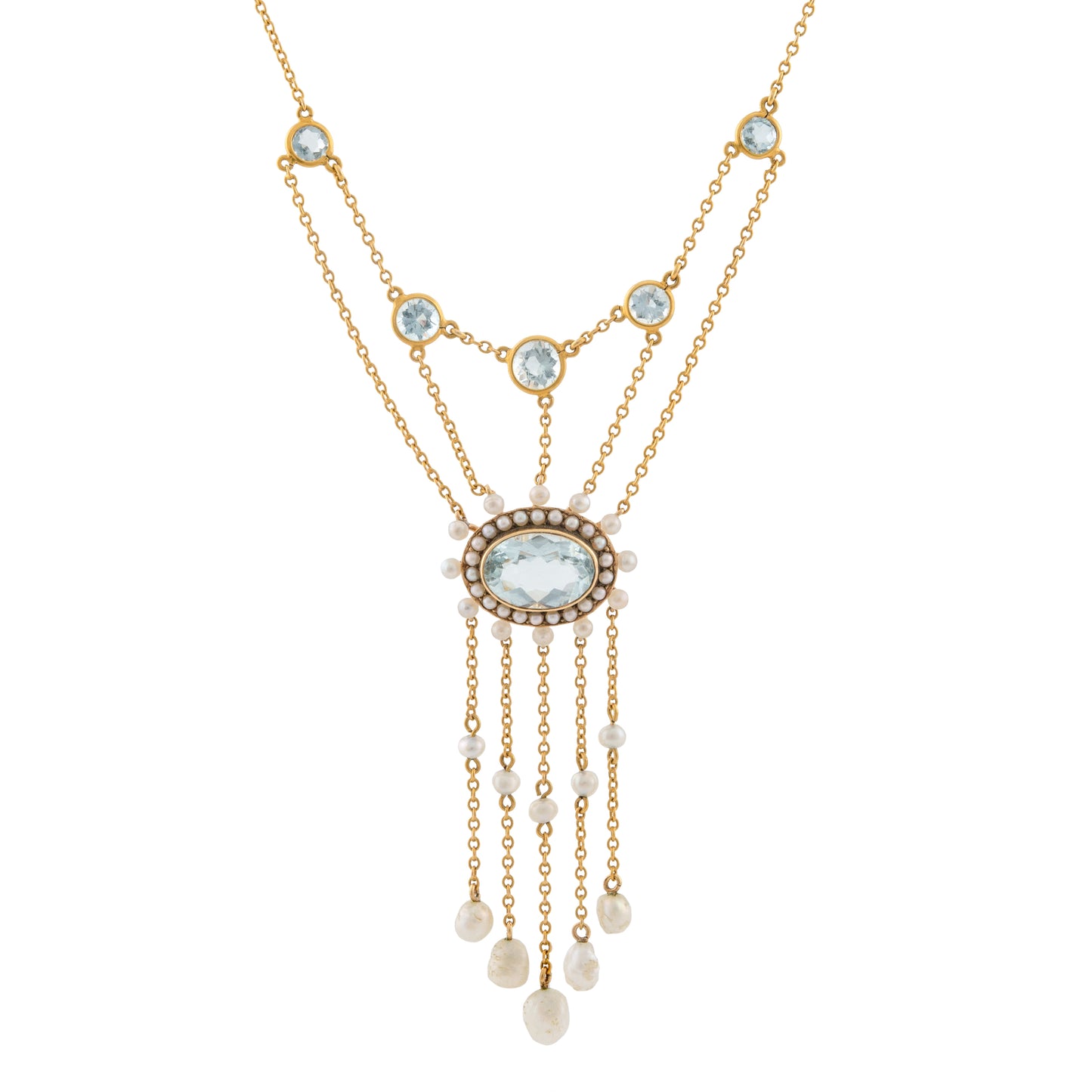 Victorian Aquamarine and Natural Pearl Tassel Drop Necklace in 15ct Gold