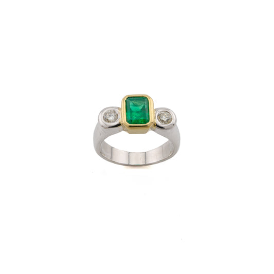Two Tone Emerald and Diamond Rubover Trilogy Ring