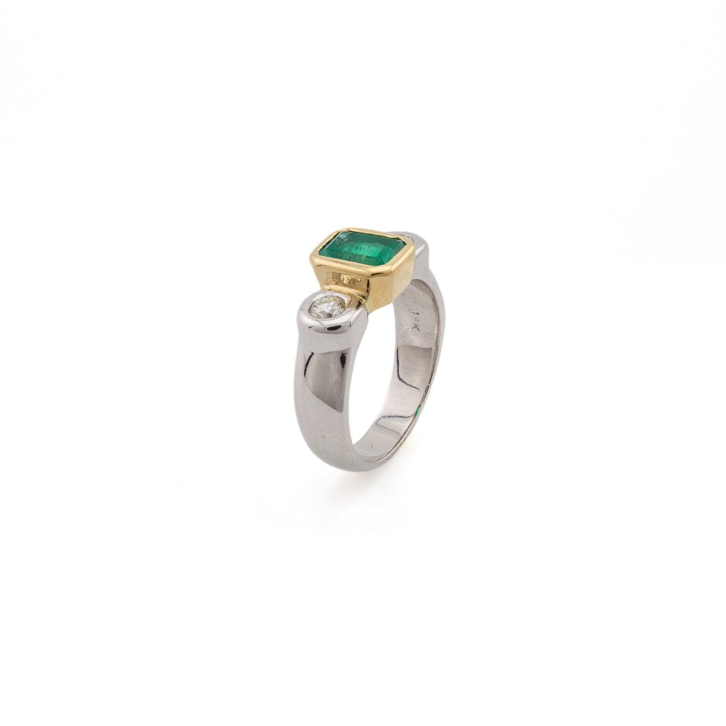 Two Tone Emerald and Diamond Rubover Trilogy Ring
