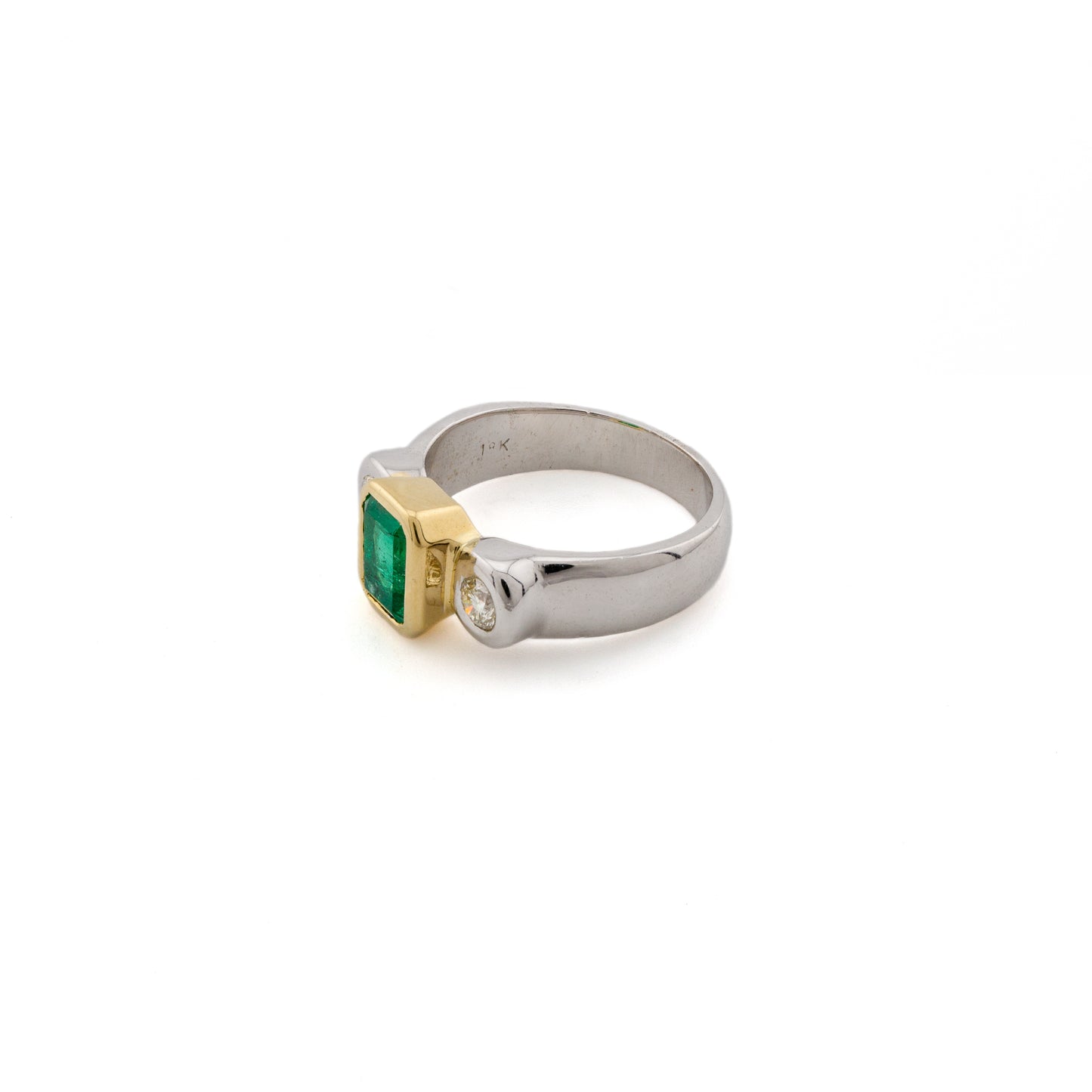 Two Tone Emerald and Diamond Rubover Trilogy Ring