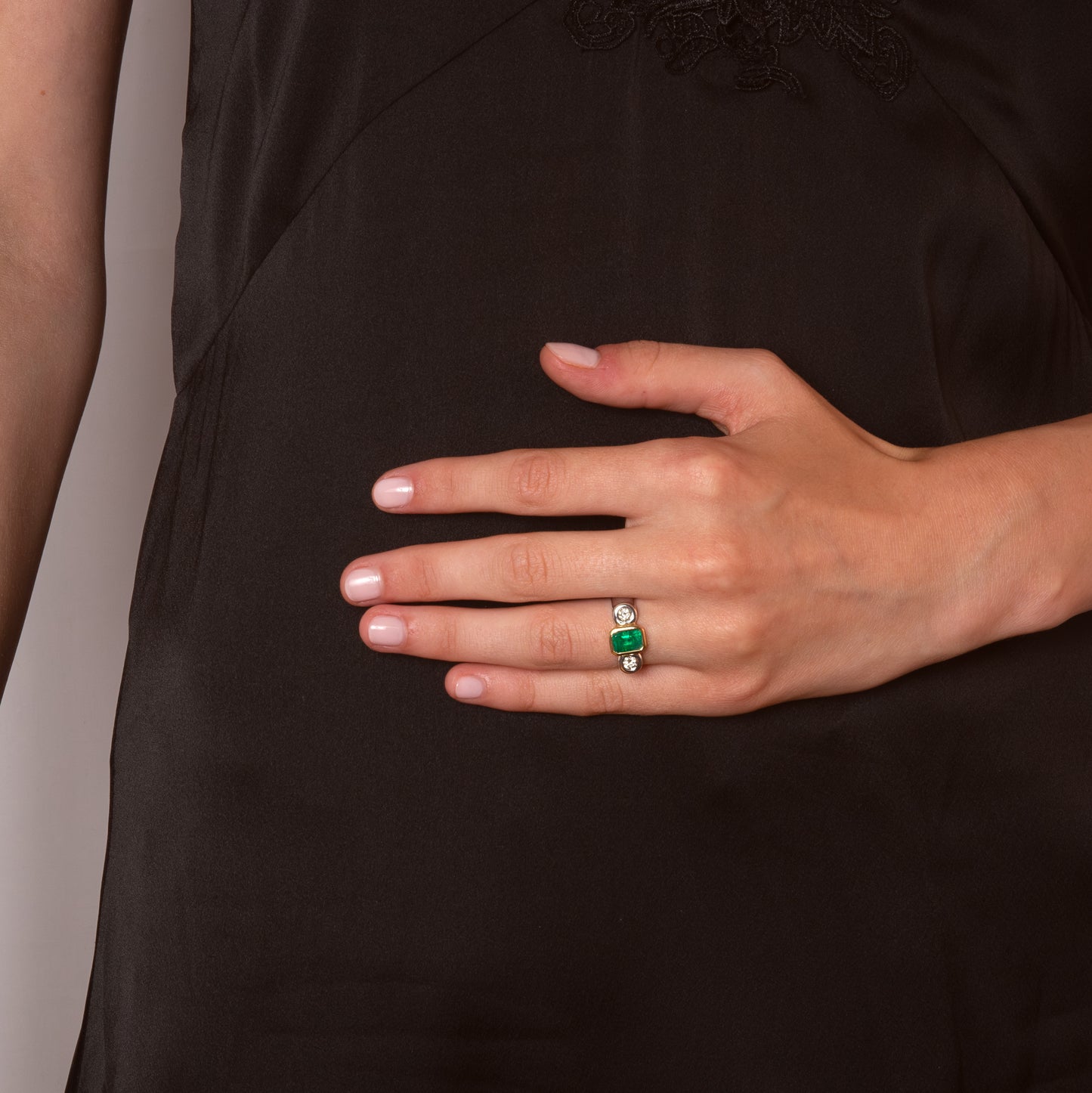 Two Tone Emerald and Diamond Rubover Trilogy Ring