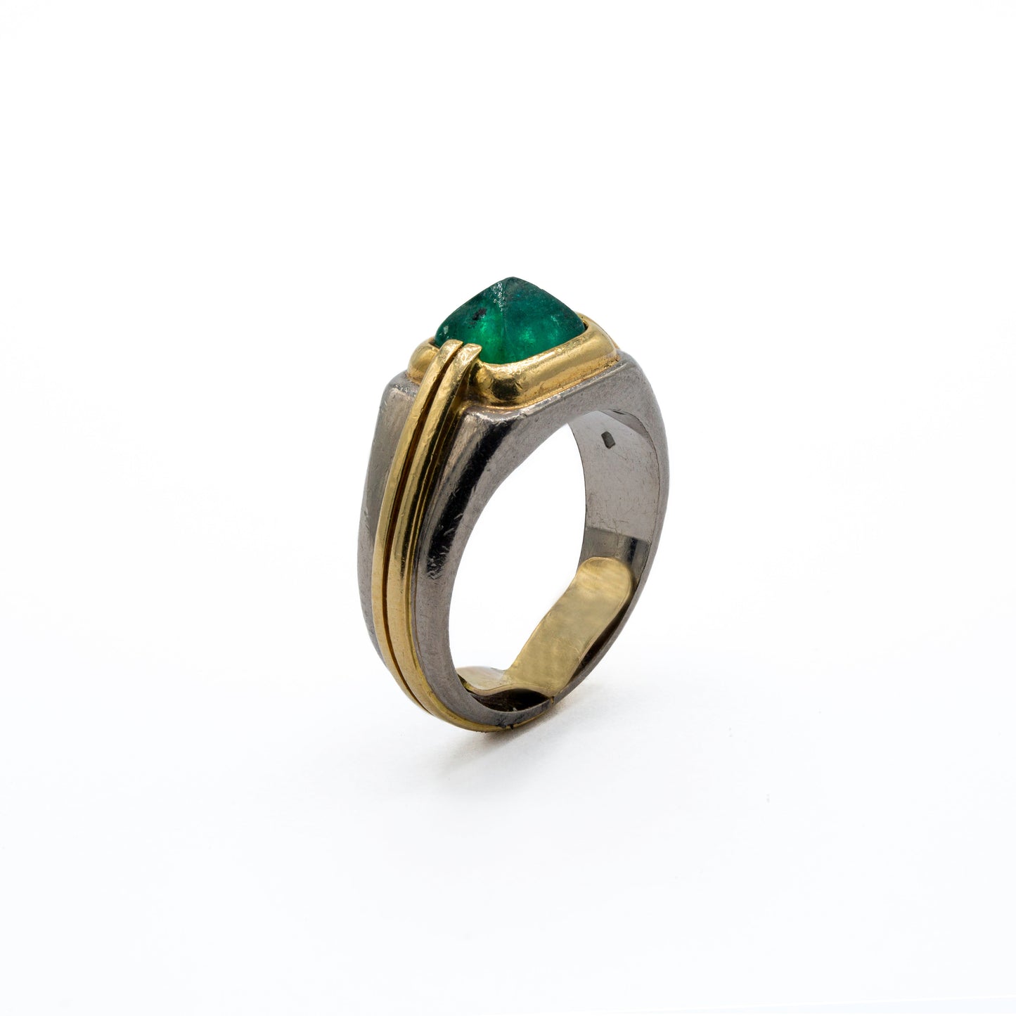 Two Tone Gold Sugarloaf Emerald Ring