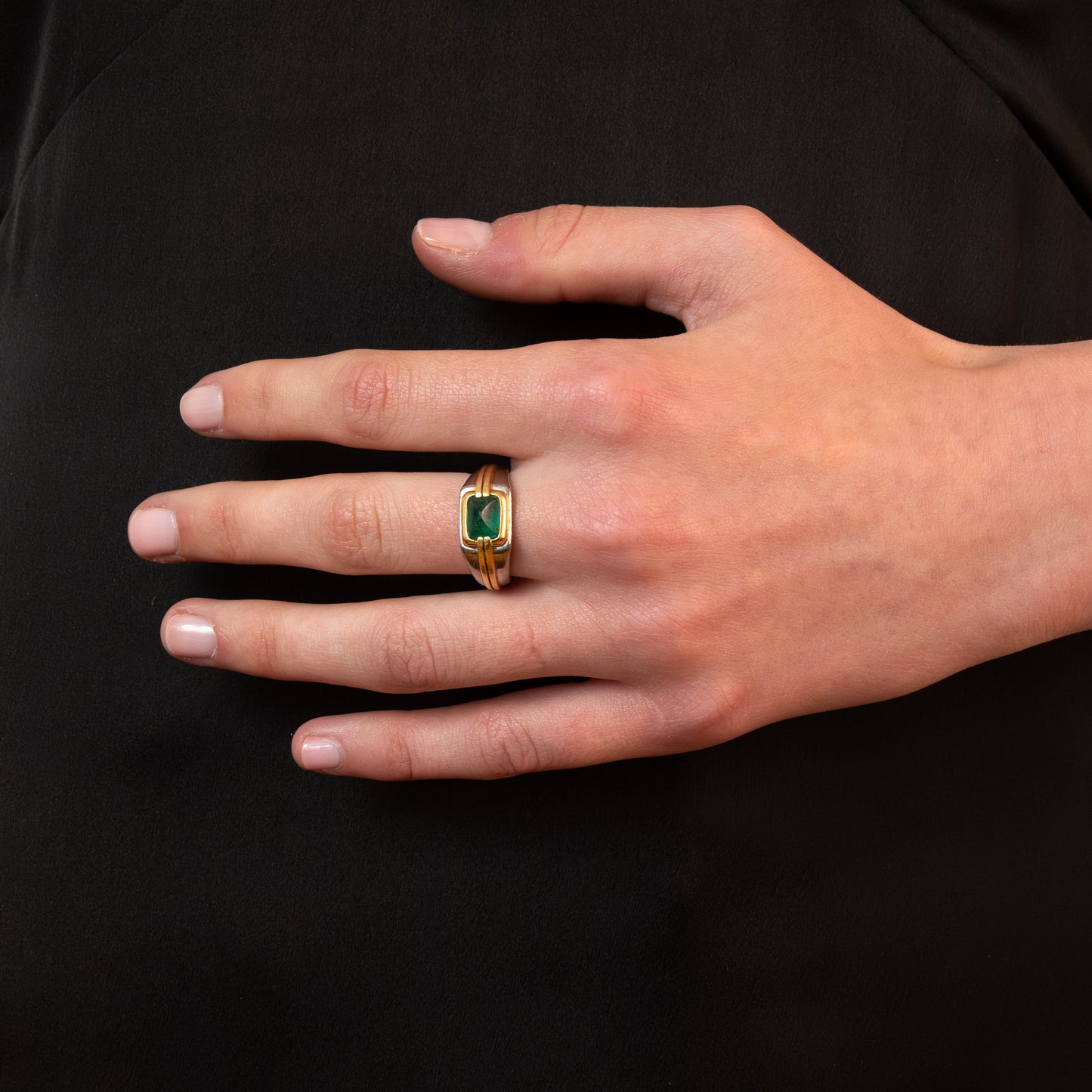 Two Tone Gold Sugarloaf Emerald Ring