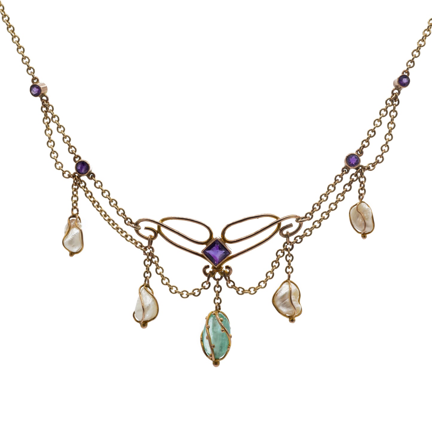 Edwardian 9ct Gold Suffragette Emerald, Amethyst & Pearl Festoon Necklace