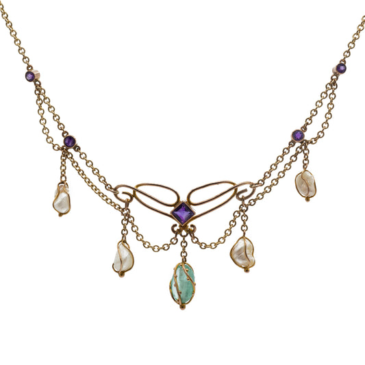 Edwardian 9ct Gold Suffragette Emerald, Amethyst & Pearl Festoon Necklace