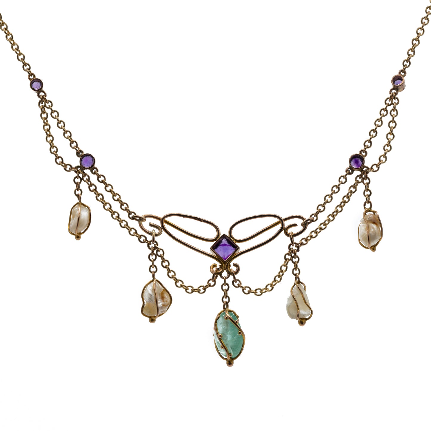 Edwardian 9ct Gold Suffragette Emerald, Amethyst & Pearl Festoon Necklace