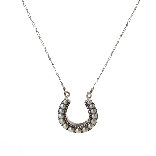 Platinum Diamond and Pearl Horseshoe Necklace