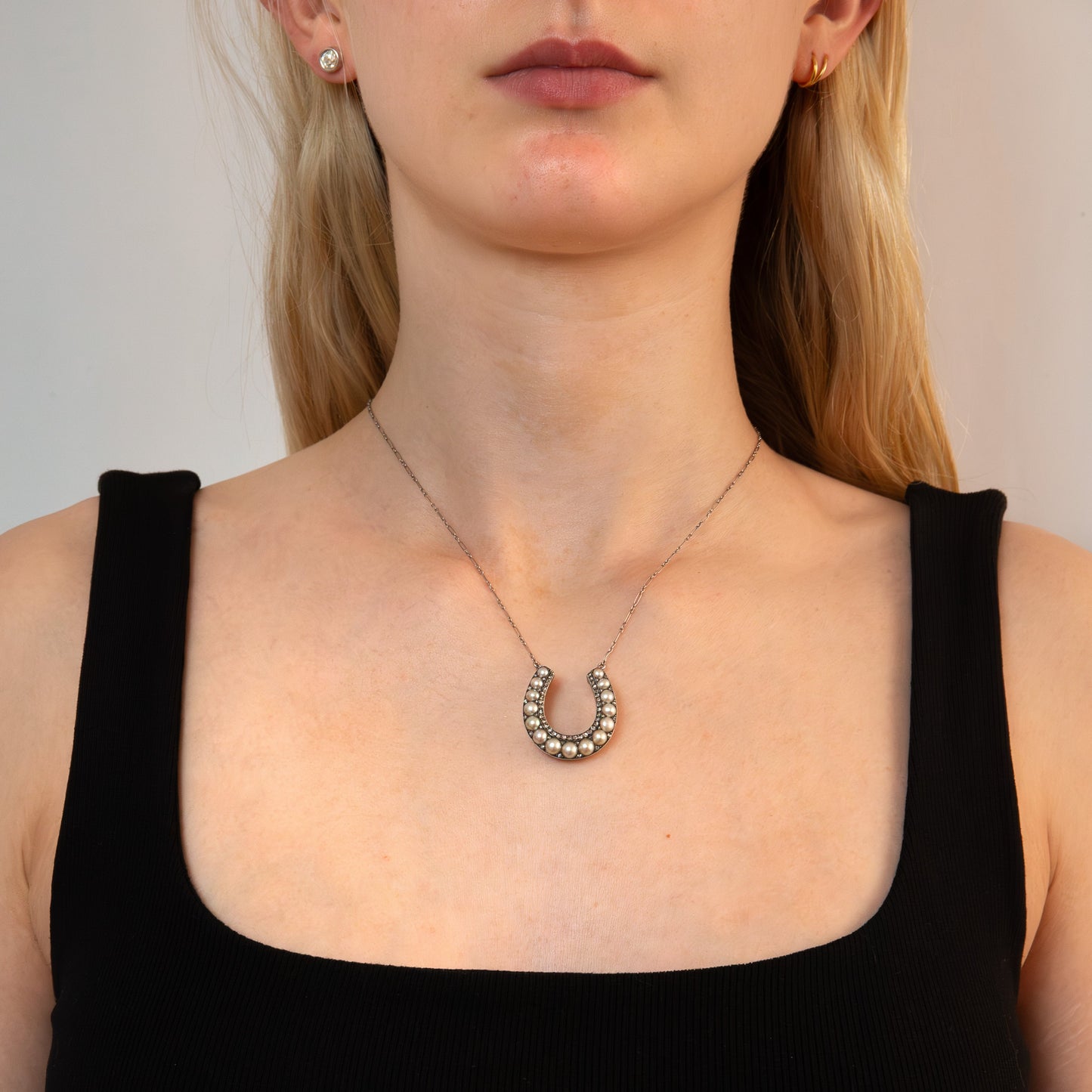 Platinum Diamond and Pearl Horseshoe Necklace