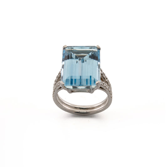 Platinum Large Square Aquamarine and Diamond Ring