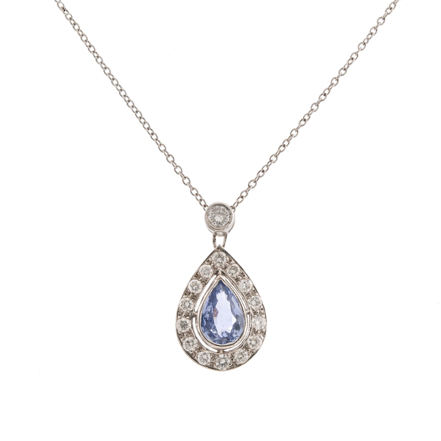 18ct White Gold Madagascar Sapphire & Diamond Pear Cluster Pendant