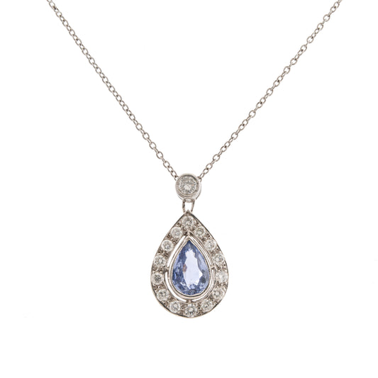 18ct White Gold Madagascar Sapphire & Diamond Pear Cluster Pendant
