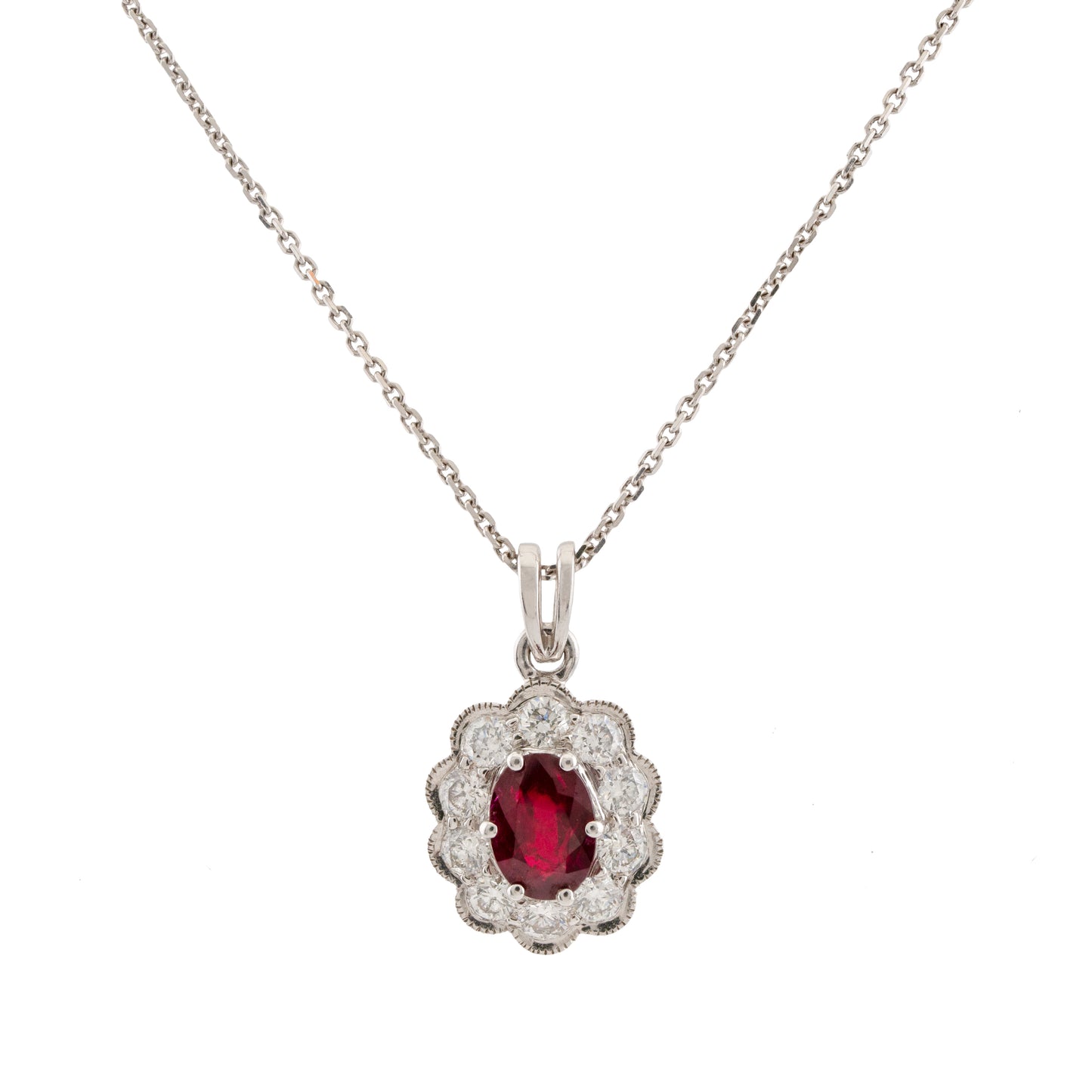 Vintage 18ct White Gold Ruby and Diamond Halo Pendant Necklace