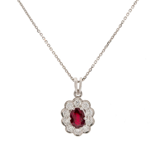 Vintage 18ct White Gold Ruby & Diamond Halo Pendant