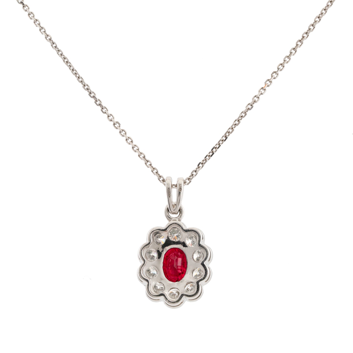 Vintage 18ct White Gold Ruby and Diamond Halo Pendant Necklace