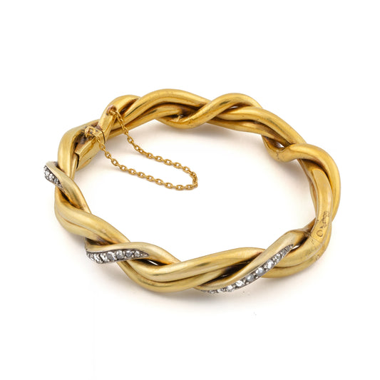 Braided French Yellow Gold Diamond Bangle