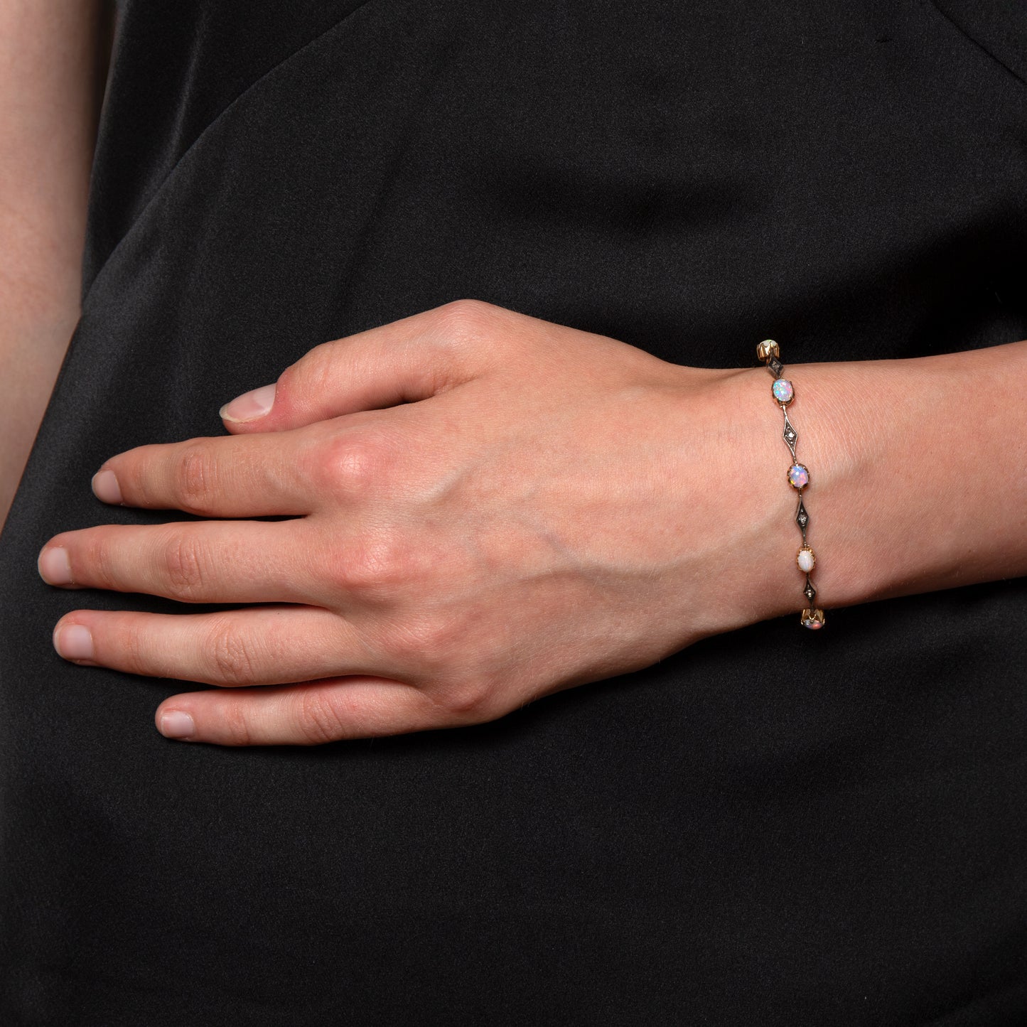 Edwardian 9ct Gold and Silver Opal and Diamond Bracelet