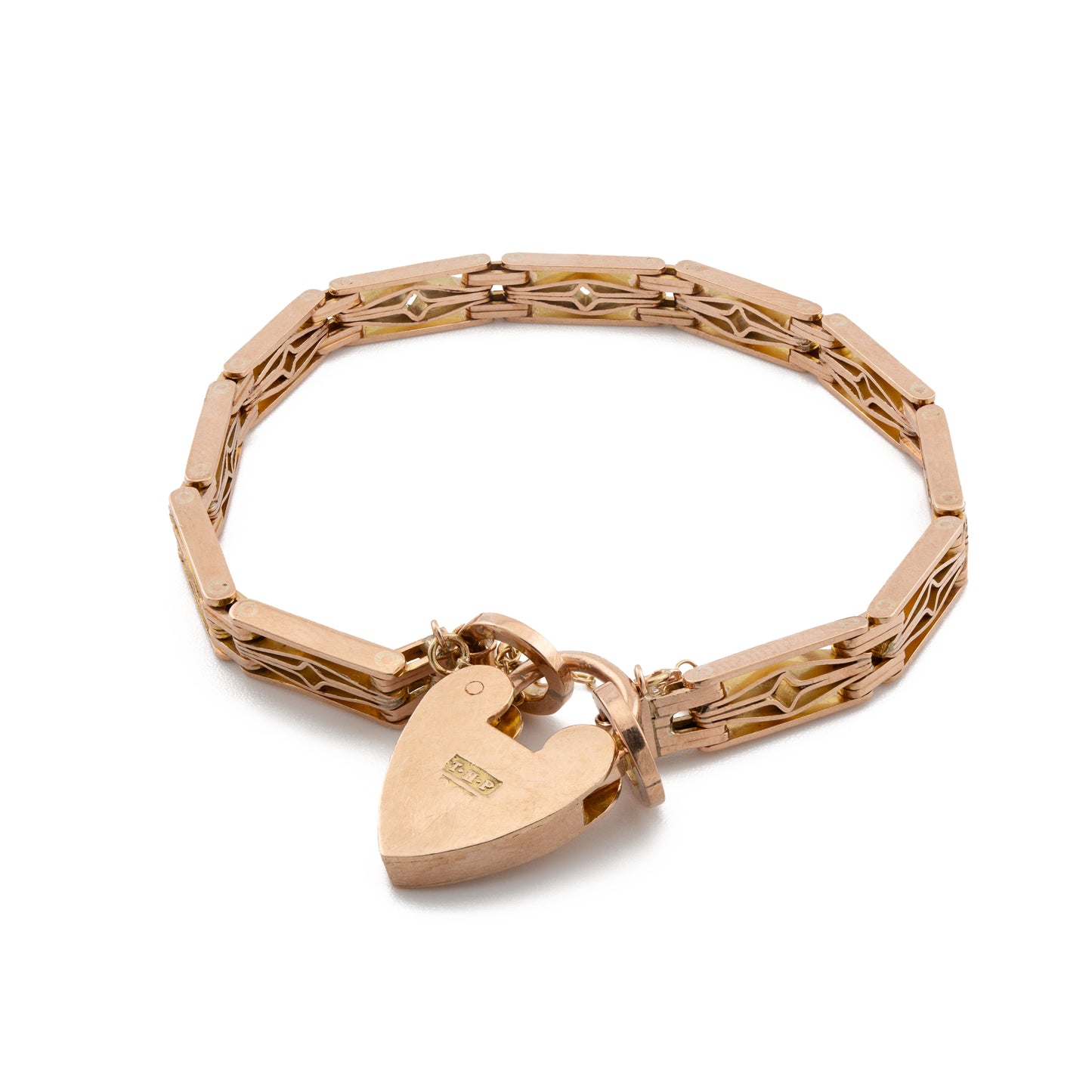 Edwardian Fancy Gate Link Bracelet with Heart Padlock in 9ct Rose Gold