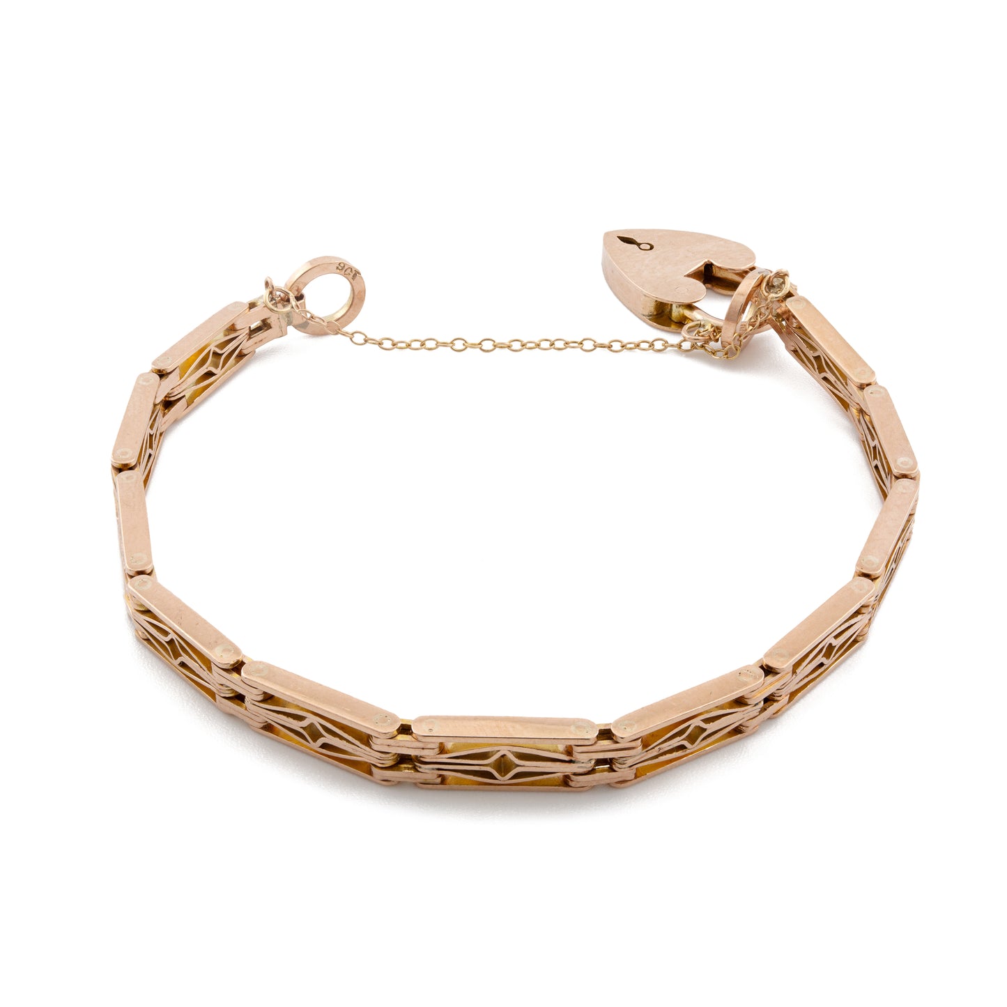 Edwardian Fancy Gate Link Bracelet with Heart Padlock in 9ct Rose Gold