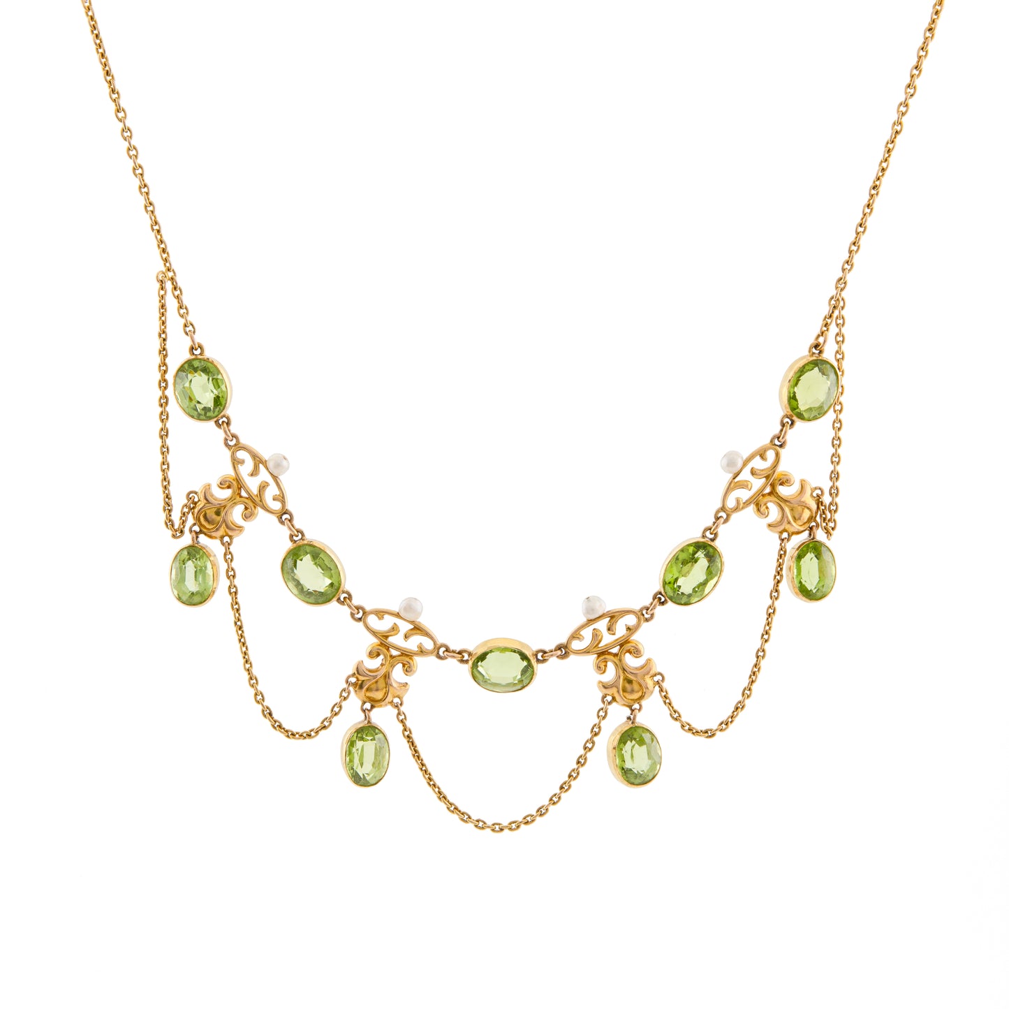 Peridot and Seed Pearl Fringe Necklace in 15ct Gold