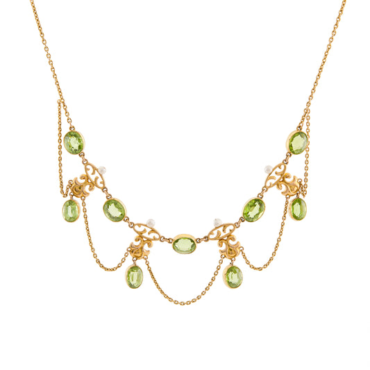 Peridot and Seed Pearl Fringe Necklace in 15ct Gold