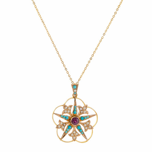 Amethyst and Turquoise Starburst Pendant in 9ct Gold