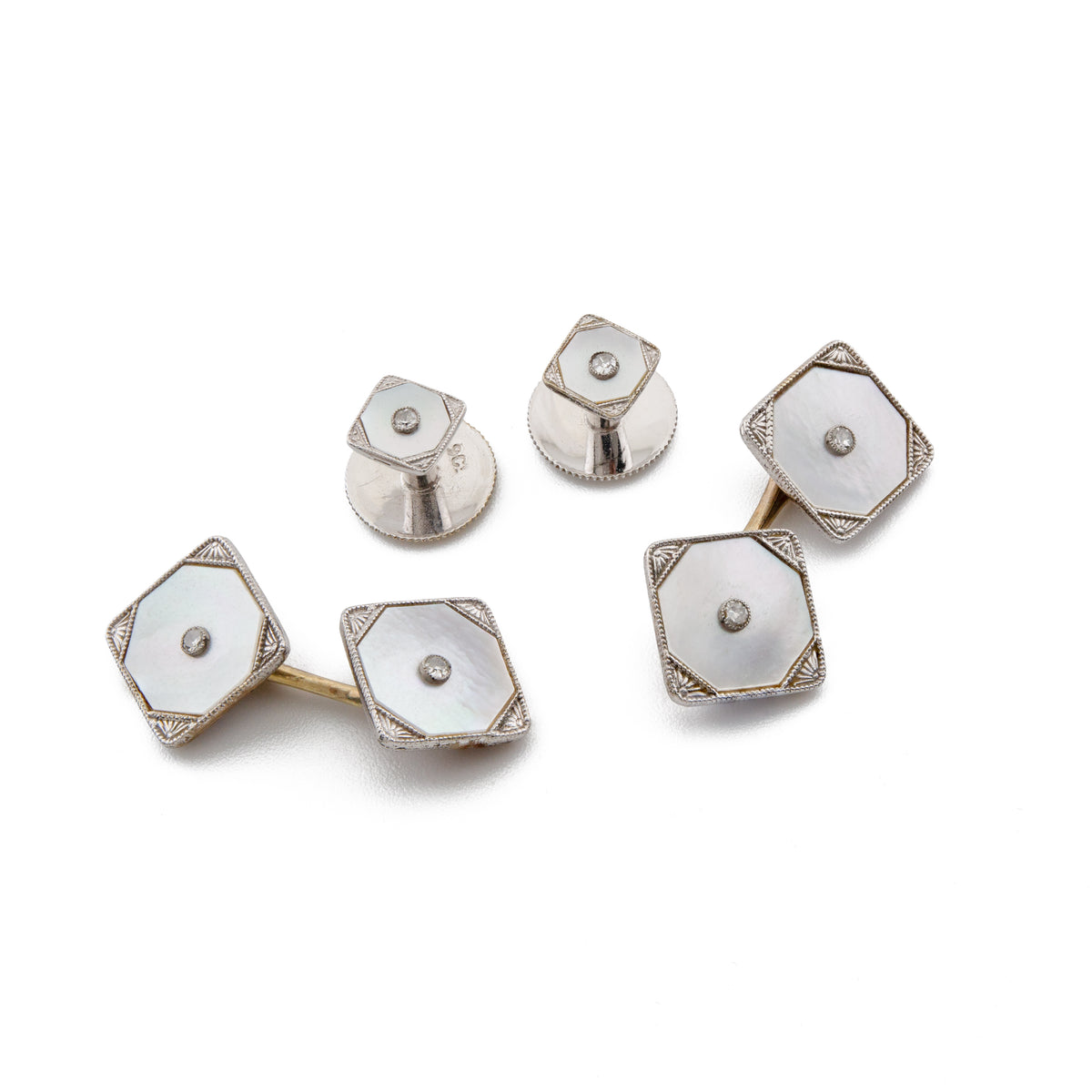 Art Deco 9ct White Gold Diamond and Mother of Pearl Dress Set
