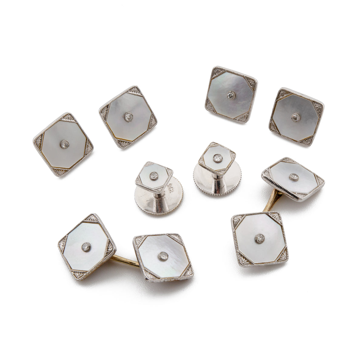 Art Deco 9ct White Gold Diamond and Mother of Pearl Dress Set