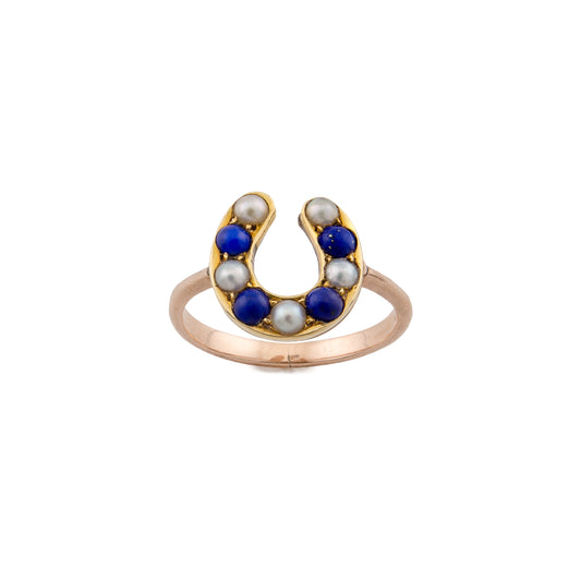 Victorian Lapis & Pearl Horseshoe Ring