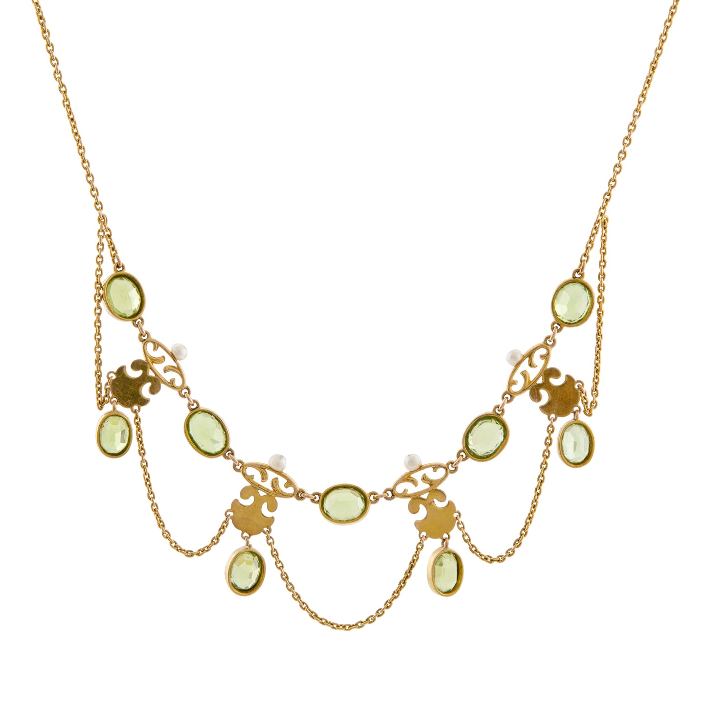Peridot and Seed Pearl Fringe Necklace in 15ct Gold
