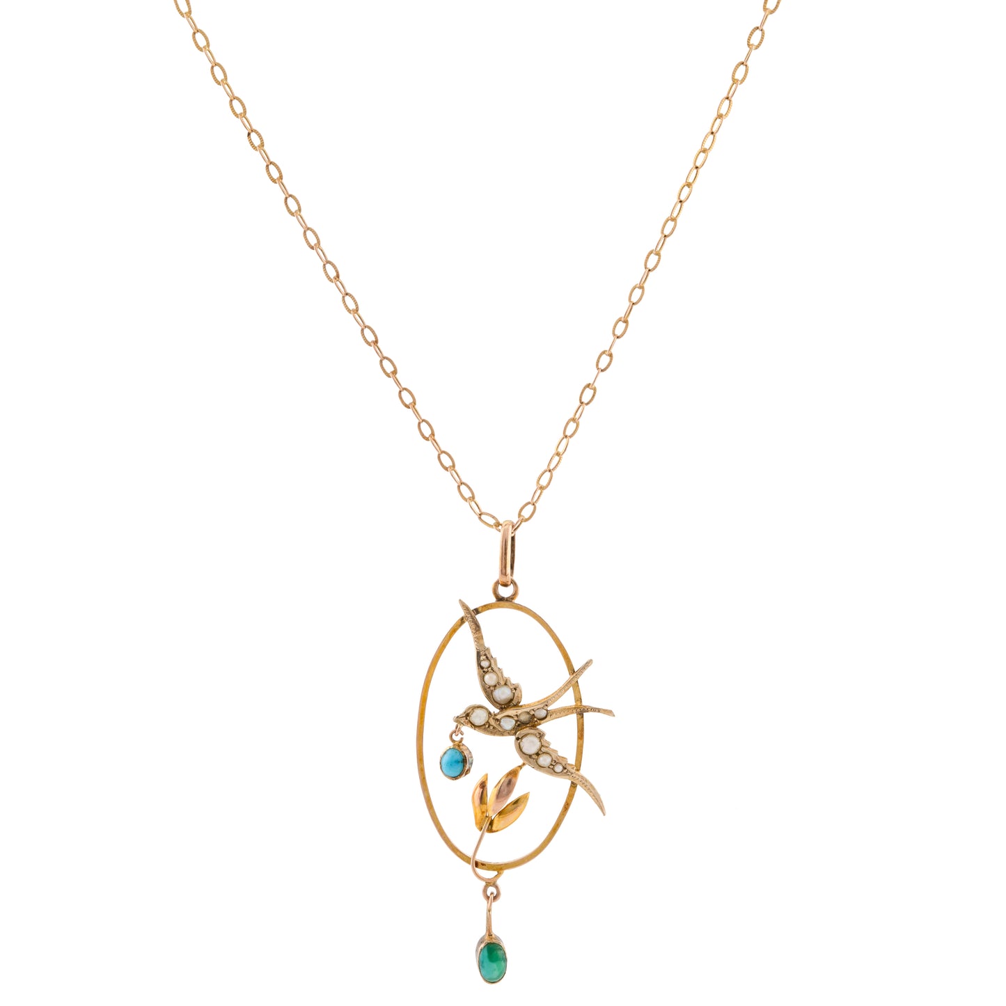 Turquoise and Seed Pearl Swallow Necklace in 9ct Gold