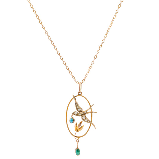 Turquoise and Seed Pearl Swallow Necklace in 9ct Gold