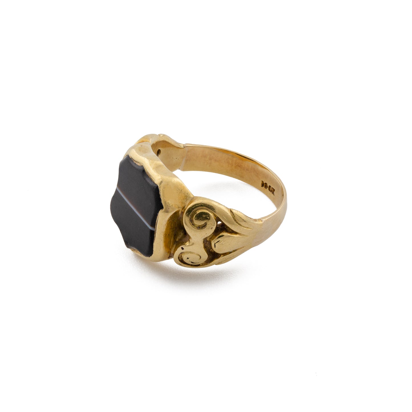 Art Nouveau Banded Agate Shield Signet Ring in 10ct Gold