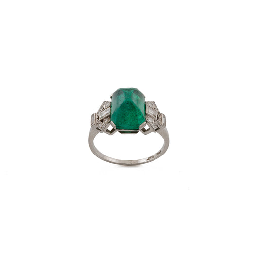 Platinum Sugarloaf Emerald and Diamond Cocktail Ring